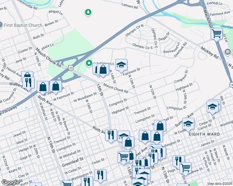 map of restaurants, bars, coffee shops, grocery stores, and more near 1414 Pennsylvania Street in Allentown