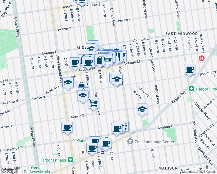 map of restaurants, bars, coffee shops, grocery stores, and more near 1424 East 19th Street in Brooklyn