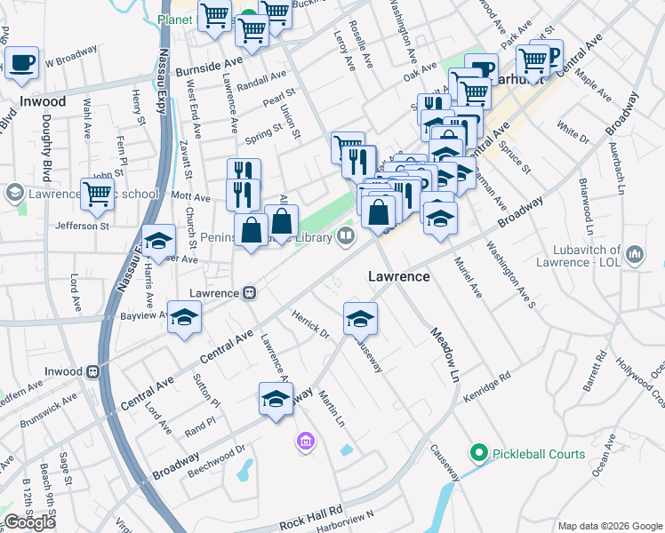 map of restaurants, bars, coffee shops, grocery stores, and more near 275 Central Avenue in Lawrence