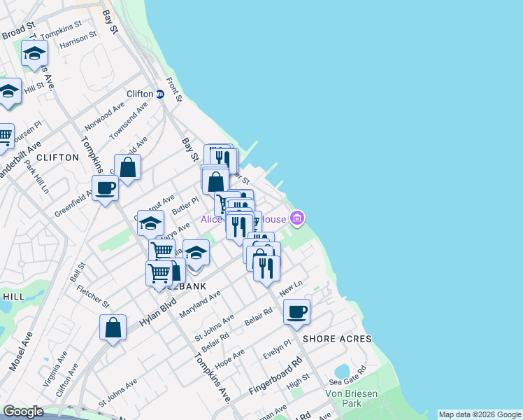 map of restaurants, bars, coffee shops, grocery stores, and more near 50 Clifton Avenue in Staten Island