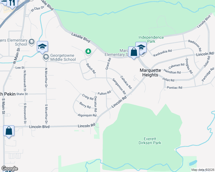 map of restaurants, bars, coffee shops, grocery stores, and more near 301 Fulton Road in Marquette Heights