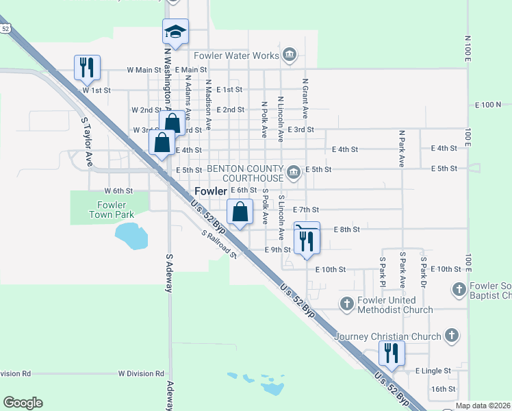 map of restaurants, bars, coffee shops, grocery stores, and more near 502 East 7th Street in Fowler