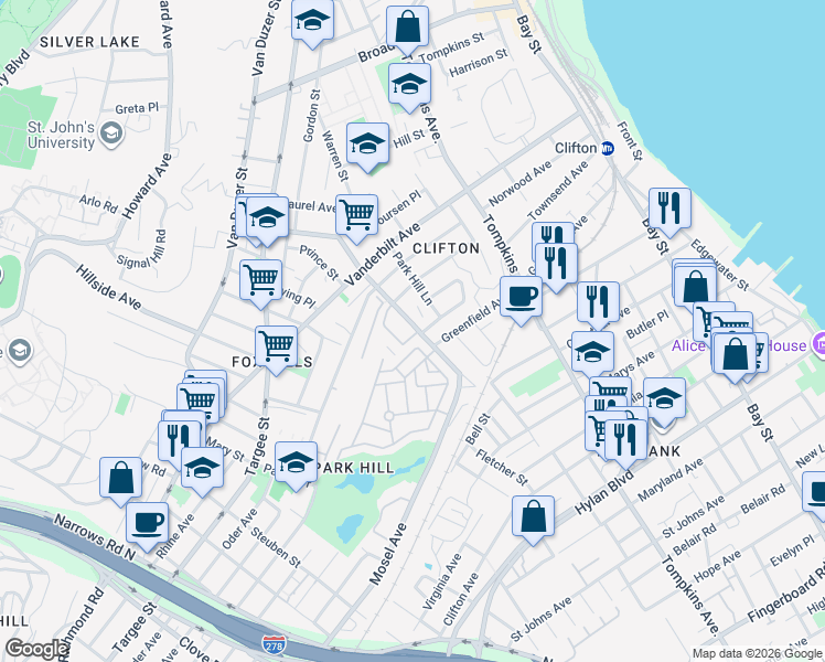 map of restaurants, bars, coffee shops, grocery stores, and more near 65 Skyline Drive in Staten Island