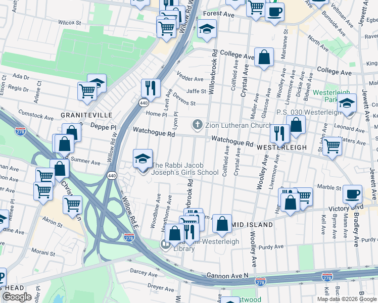 map of restaurants, bars, coffee shops, grocery stores, and more near 354 Willowbrook Road in Staten Island