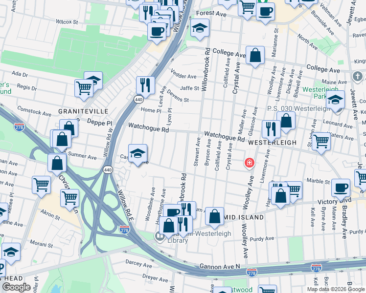 map of restaurants, bars, coffee shops, grocery stores, and more near 354 Willowbrook Road in Staten Island