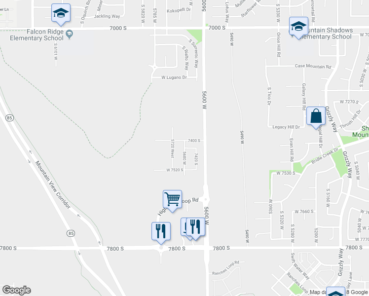 map of restaurants, bars, coffee shops, grocery stores, and more near 7456 5680 West in West Jordan