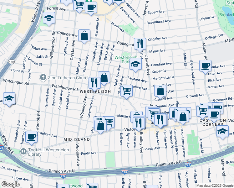 map of restaurants, bars, coffee shops, grocery stores, and more near 308 Saint John Avenue in Staten Island