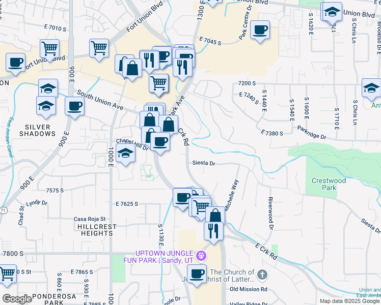 map of restaurants, bars, coffee shops, grocery stores, and more near 7505 South Creek Road in Sandy