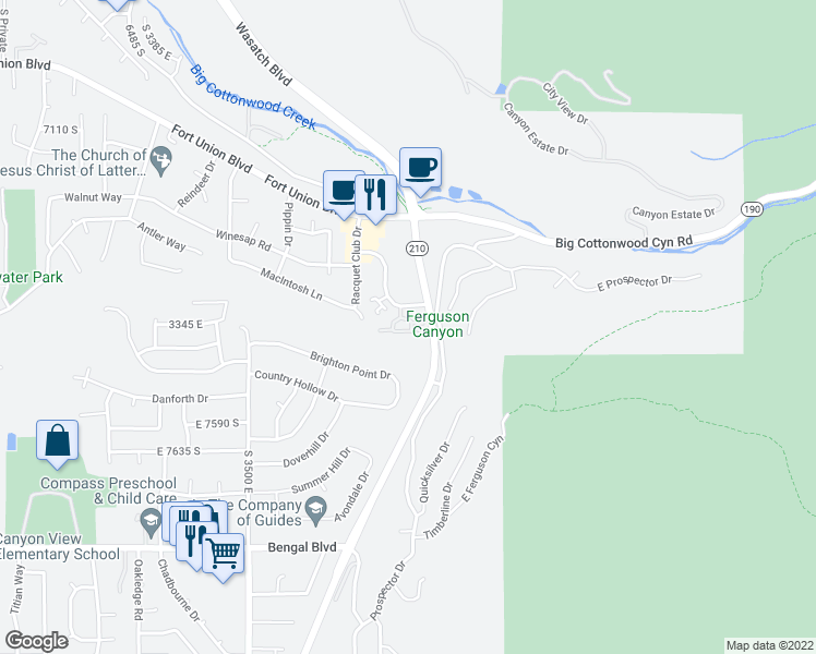 map of restaurants, bars, coffee shops, grocery stores, and more near 7430 Wasatch Boulevard East in Cottonwood Heights