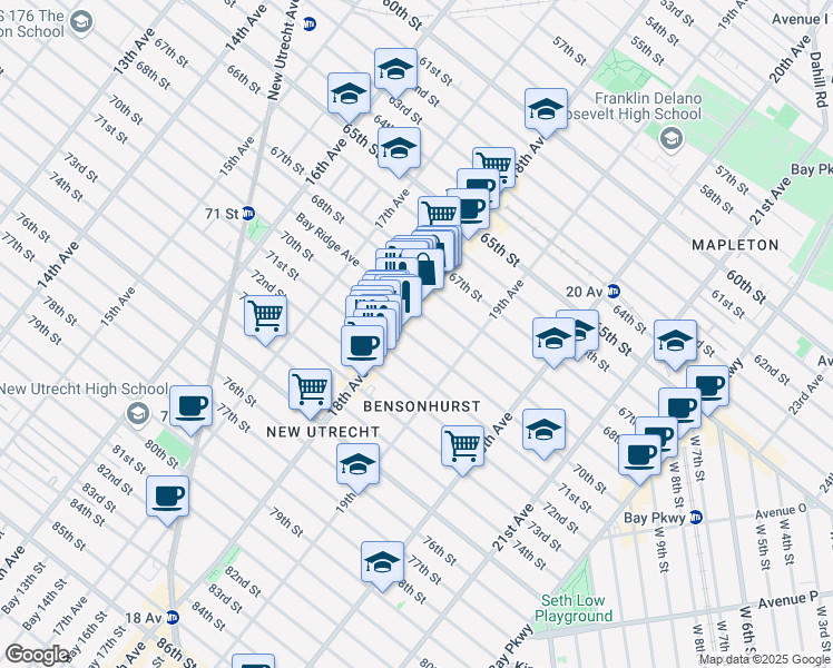 map of restaurants, bars, coffee shops, grocery stores, and more near 1821 70th Street in Brooklyn