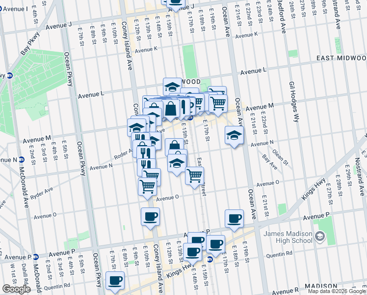 map of restaurants, bars, coffee shops, grocery stores, and more near 1380 East 15th Street in Brooklyn