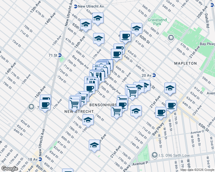 map of restaurants, bars, coffee shops, grocery stores, and more near 1848 70th Street in Brooklyn