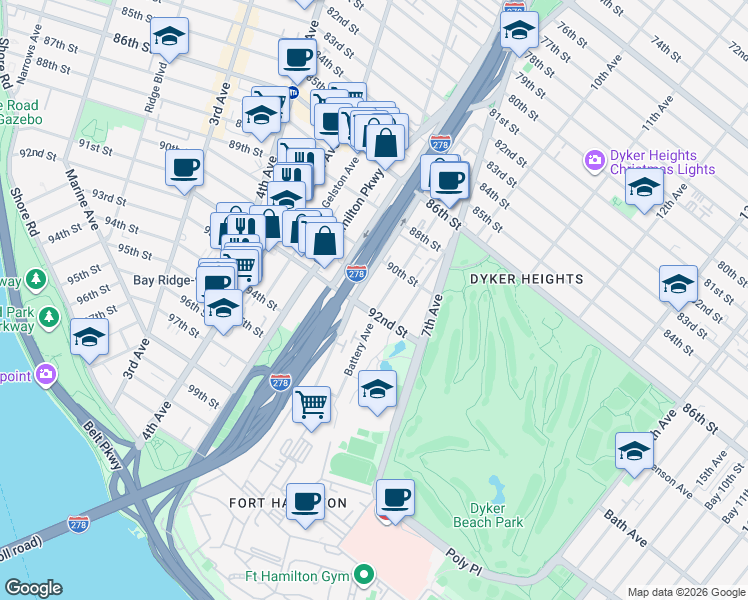 map of restaurants, bars, coffee shops, grocery stores, and more near 166 Battery Avenue in Brooklyn