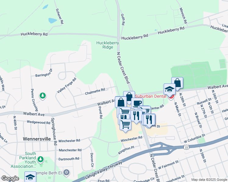 map of restaurants, bars, coffee shops, grocery stores, and more near 1619 Shenandoah Court in Allentown