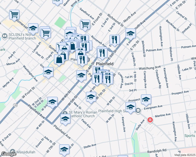 map of restaurants, bars, coffee shops, grocery stores, and more near 611 Park Avenue in Plainfield