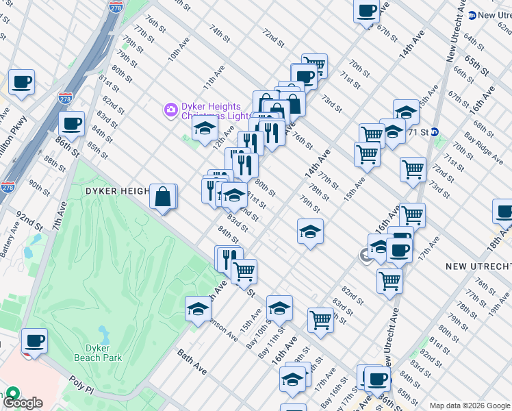 map of restaurants, bars, coffee shops, grocery stores, and more near 1346 81 Street in Brooklyn