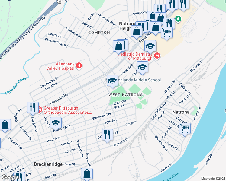 map of restaurants, bars, coffee shops, grocery stores, and more near 1350 Broadview Boulevard in Natrona Heights