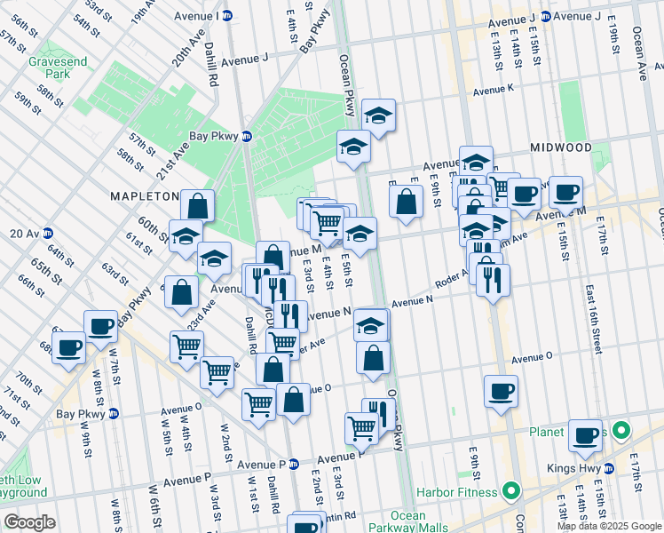 map of restaurants, bars, coffee shops, grocery stores, and more near 1415 East 4th Street in Brooklyn