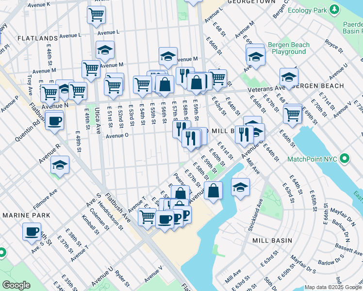 map of restaurants, bars, coffee shops, grocery stores, and more near 1537 East 57th Street in Brooklyn