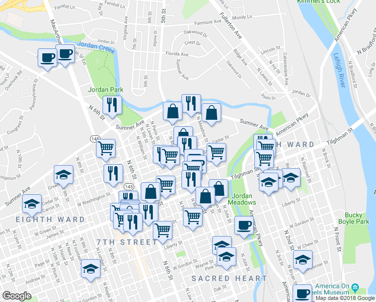 map of restaurants, bars, coffee shops, grocery stores, and more near 425 E Street in Allentown