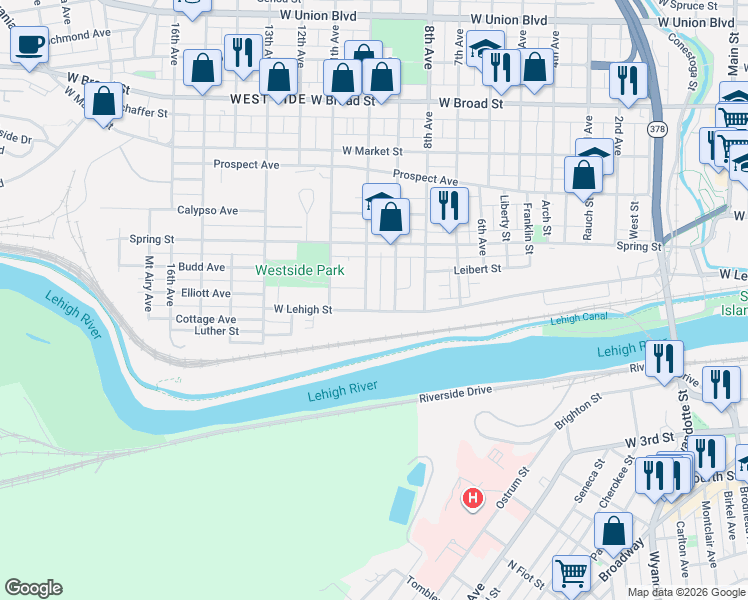 map of restaurants, bars, coffee shops, grocery stores, and more near 1028 West Lehigh Street in Bethlehem