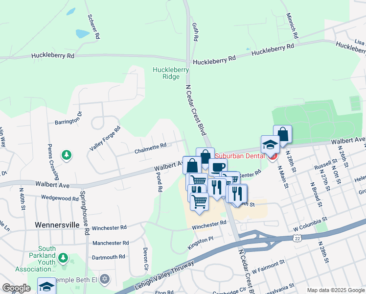map of restaurants, bars, coffee shops, grocery stores, and more near 1619 Shenandoah Court in Allentown