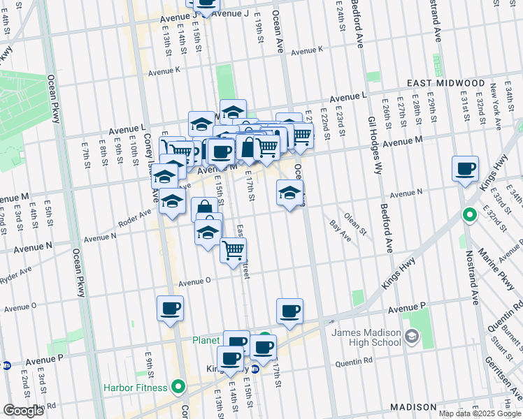 map of restaurants, bars, coffee shops, grocery stores, and more near 1717 Avenue N in Brooklyn