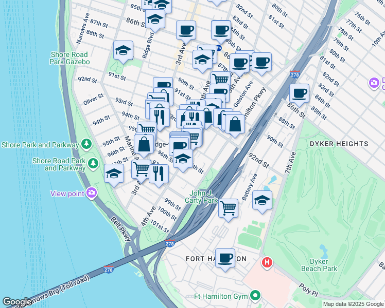 map of restaurants, bars, coffee shops, grocery stores, and more near 9411 5th Avenue in Brooklyn