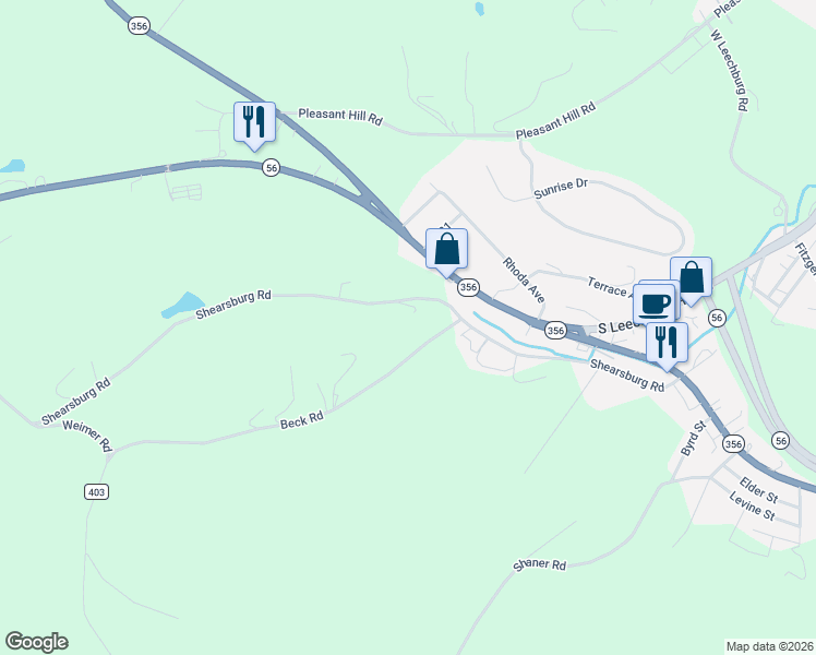 map of restaurants, bars, coffee shops, grocery stores, and more near 6198 Shearsburg Road in Leechburg