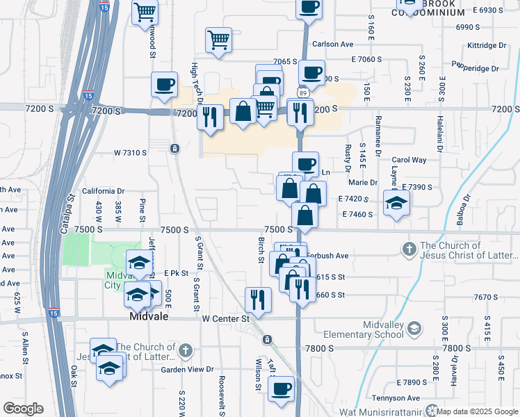 map of restaurants, bars, coffee shops, grocery stores, and more near 26 West 7500 South in Midvale