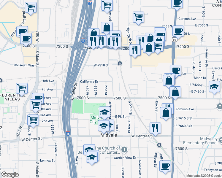map of restaurants, bars, coffee shops, grocery stores, and more near 308 6th Avenue in Midvale