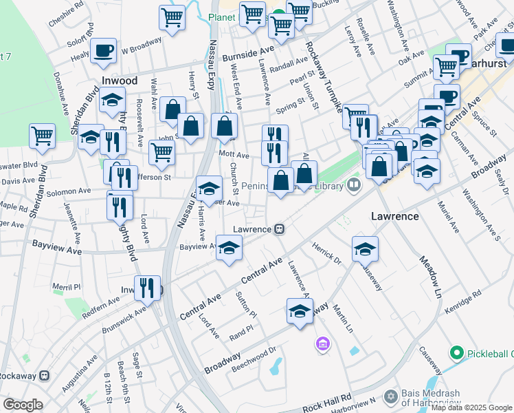 map of restaurants, bars, coffee shops, grocery stores, and more near 26 Bayview Avenue in Inwood
