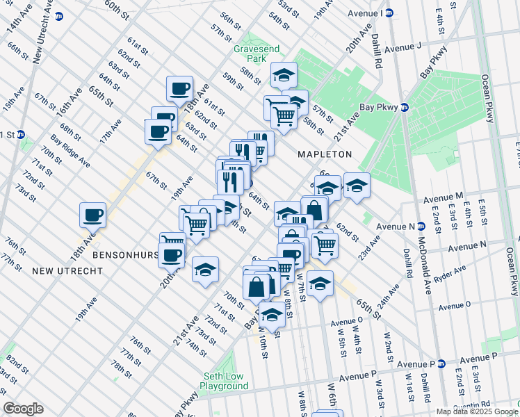 map of restaurants, bars, coffee shops, grocery stores, and more near 2060 65th Street in Brooklyn