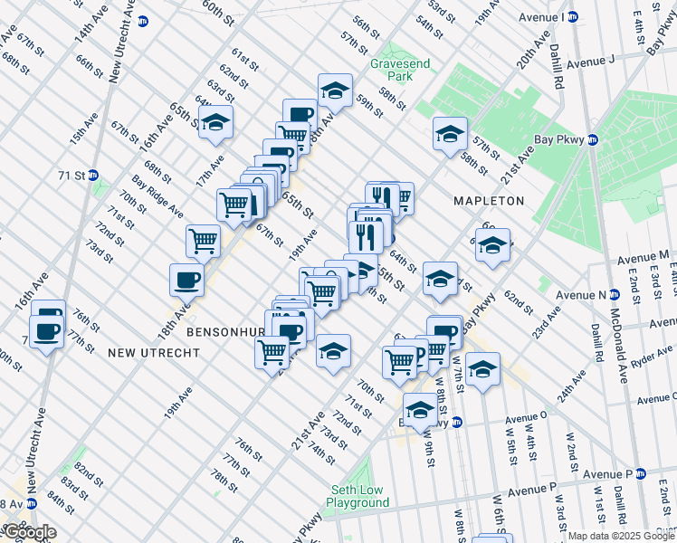 map of restaurants, bars, coffee shops, grocery stores, and more near 1982 67th Street in Brooklyn