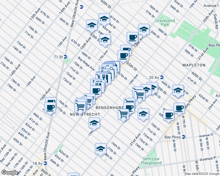 map of restaurants, bars, coffee shops, grocery stores, and more near 1848 70th Street in Brooklyn