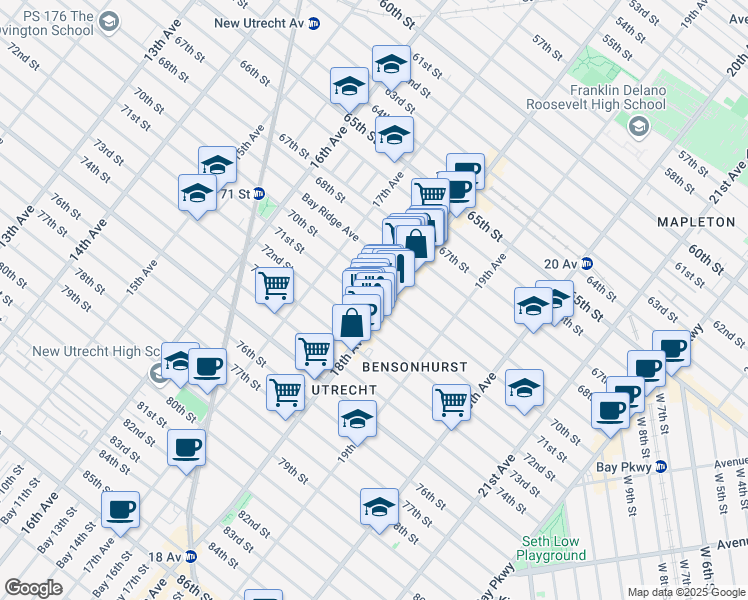 map of restaurants, bars, coffee shops, grocery stores, and more near 7101 18th Avenue in Brooklyn