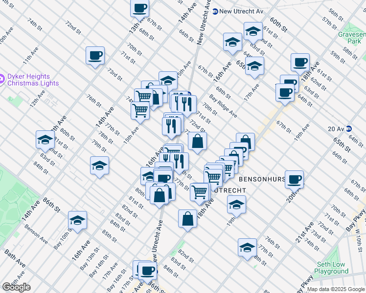 map of restaurants, bars, coffee shops, grocery stores, and more near 1648 Bay Ridge Parkway in Brooklyn