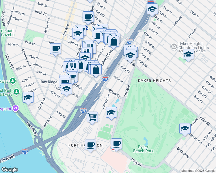 map of restaurants, bars, coffee shops, grocery stores, and more near 166 Battery Avenue in Brooklyn