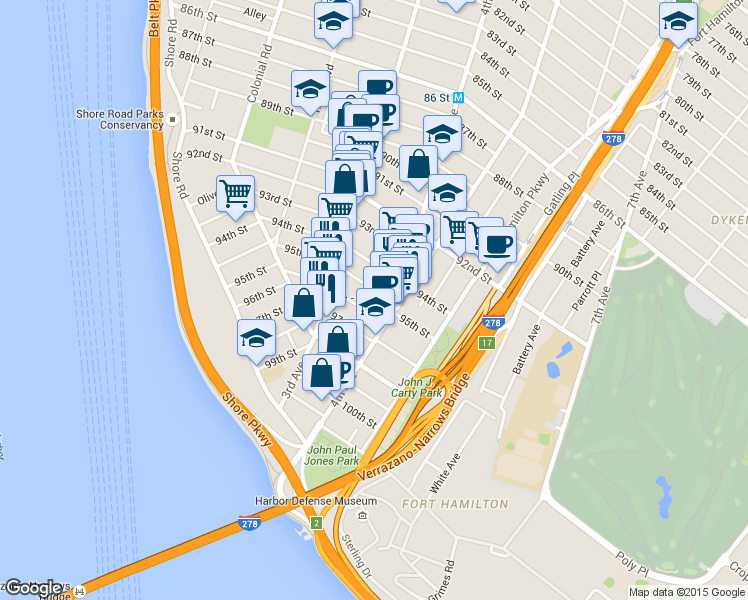 map of restaurants, bars, coffee shops, grocery stores, and more near 358 96th Street in Brooklyn