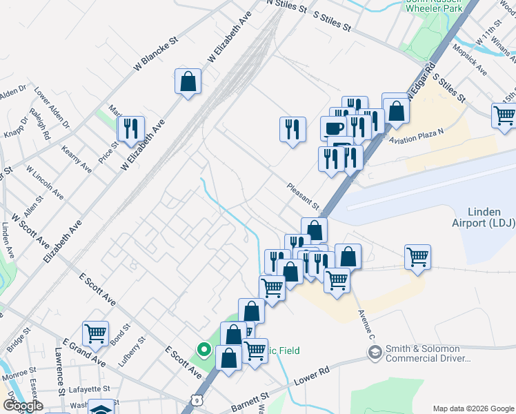 map of restaurants, bars, coffee shops, grocery stores, and more near 1680 West Edgar Road in Linden