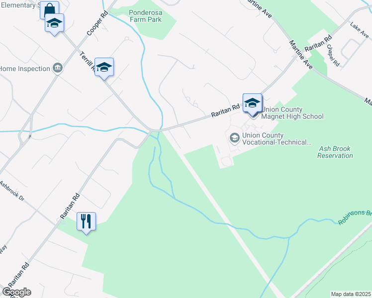 map of restaurants, bars, coffee shops, grocery stores, and more near 1610 Raritan Road in Scotch Plains