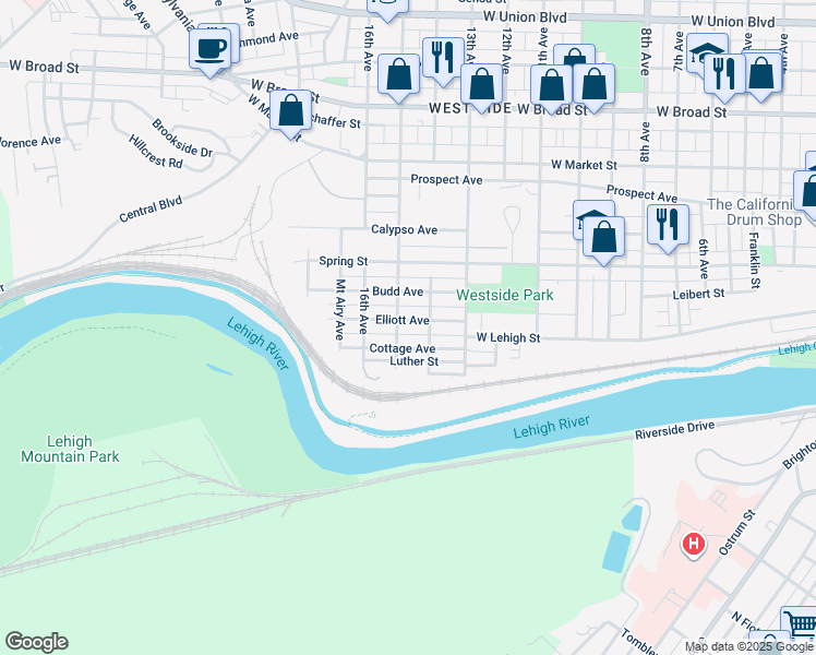 map of restaurants, bars, coffee shops, grocery stores, and more near 1603 Cottage Avenue in Bethlehem