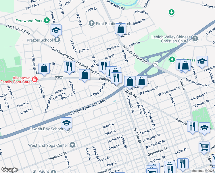 map of restaurants, bars, coffee shops, grocery stores, and more near 1972 Grove Street in Allentown