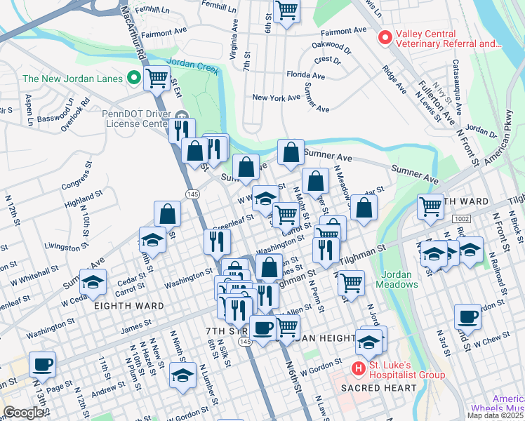 map of restaurants, bars, coffee shops, grocery stores, and more near 850 North 5th Street in Allentown