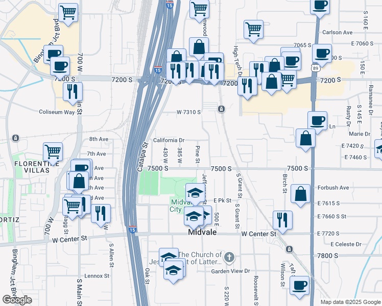 map of restaurants, bars, coffee shops, grocery stores, and more near 7463 385 West in Midvale