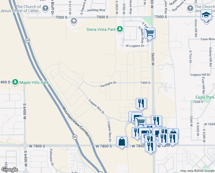 map of restaurants, bars, coffee shops, grocery stores, and more near 7427 South 5900 West in West Jordan