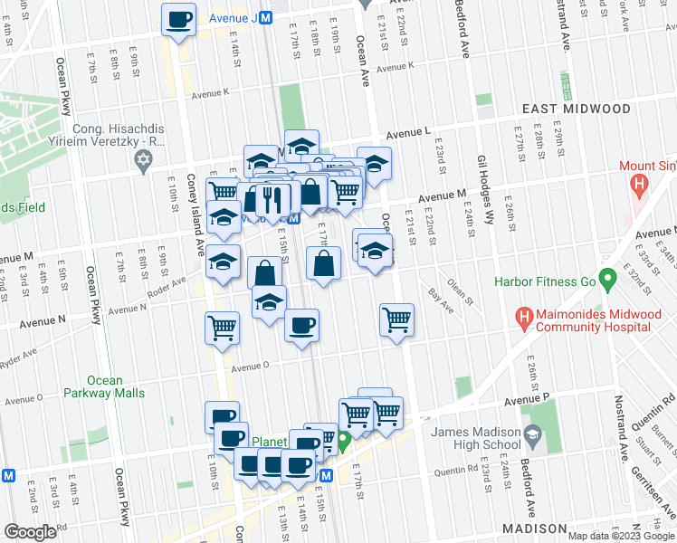 map of restaurants, bars, coffee shops, grocery stores, and more near 1704 Avenue N in Brooklyn