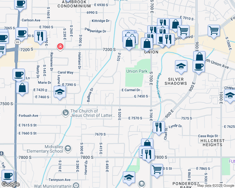 map of restaurants, bars, coffee shops, grocery stores, and more near 7436 Launa Drive in Midvale
