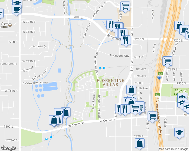 map of restaurants, bars, coffee shops, grocery stores, and more near 1004 Tuscany View Road in Midvale