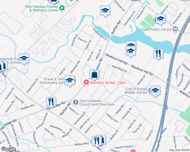 map of restaurants, bars, coffee shops, grocery stores, and more near 90 Thomas Drive in Clark